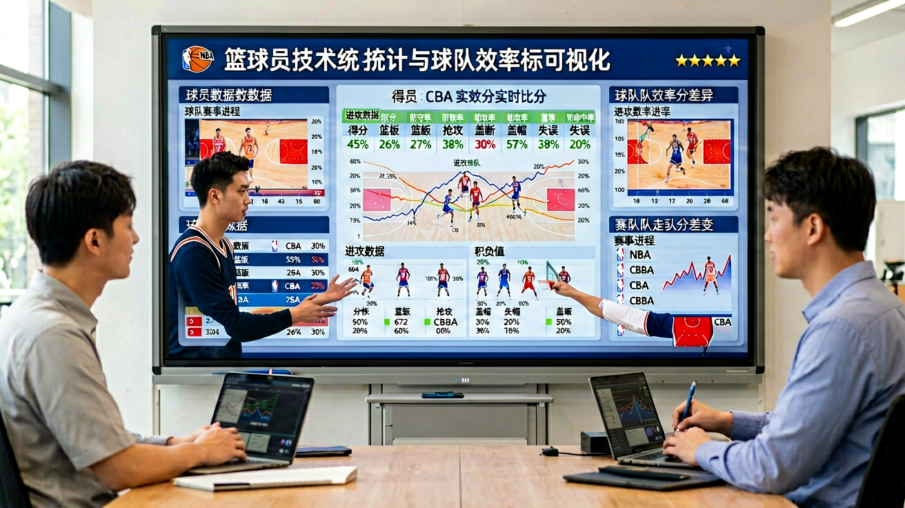 篮球赛事数据分析看板，展示球员技术统计与球队效率指标可视化图表