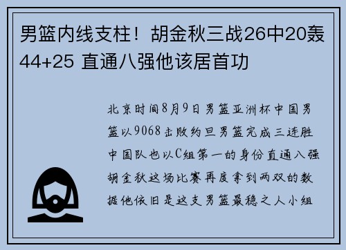 男篮内线支柱！胡金秋三战26中20轰44+25 直通八强他该居首功